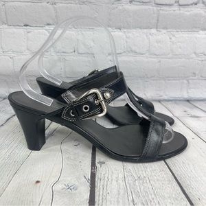 Talbots Sandals Womens 9.5 Black Double Strap Classic Buckle Heel Slip On Shoes
